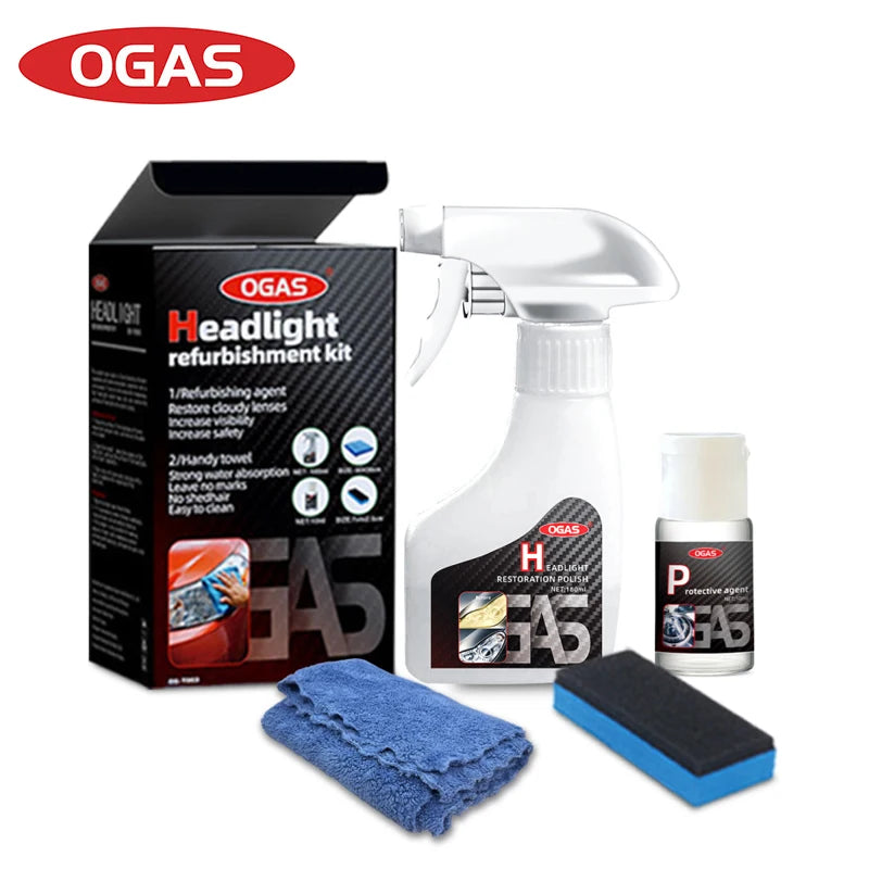 OGAS Car Headlight Restoration Coating Kit 180ml+10ml Yellow Oxidation Remover No Sanding Polishing Agent Auto Lamp Refurbish Protective Fluid with Cleaning Tools