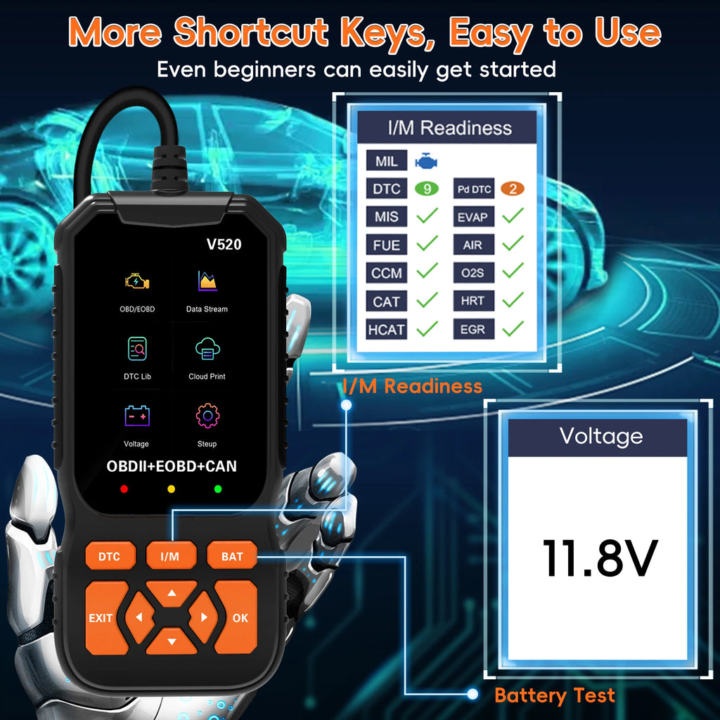 OBD2 Scanner Diagnostic Tool Code Reader for All OBDII Cars | Read & Clear Engine Codes, Live Data Stream, Battery Test, I/M Readiness, O2/EVAP Test, OBDII/EOBD