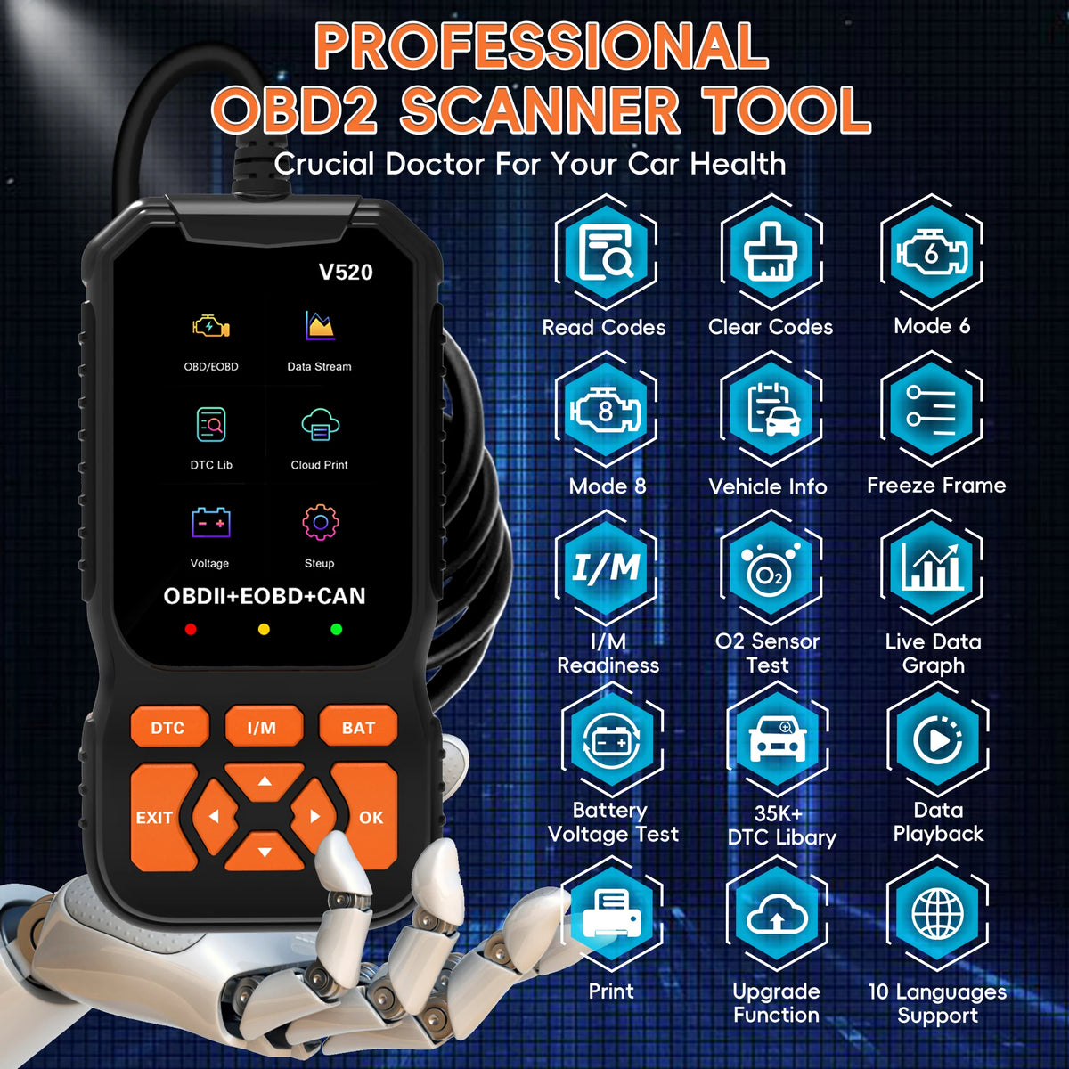 OBD2 Scanner Diagnostic Tool Code Reader for All OBDII Cars | Read & Clear Engine Codes, Live Data Stream, Battery Test, I/M Readiness, O2/EVAP Test, OBDII/EOBD